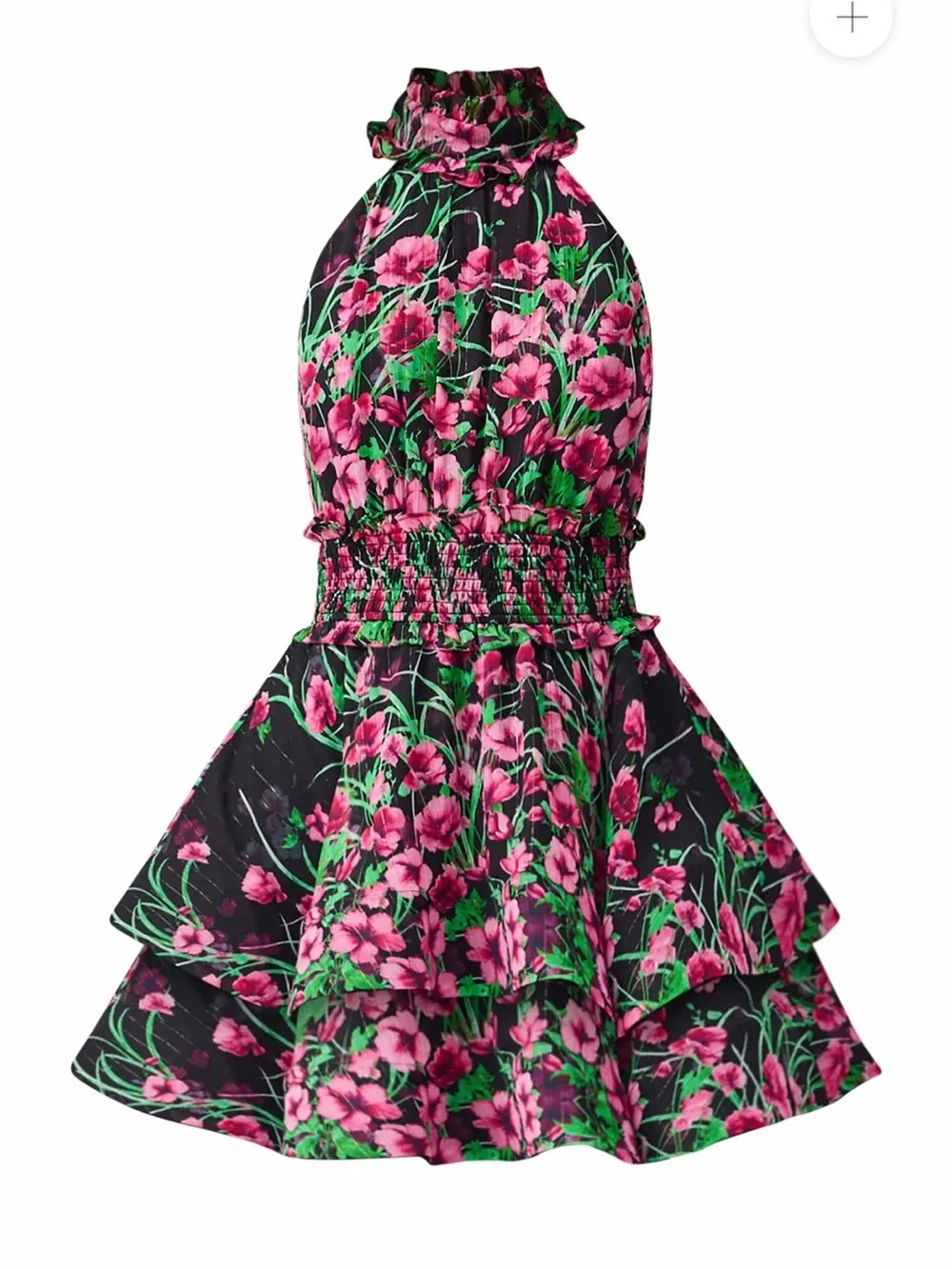 elliatt estelle black & pink floral print mock neck tiered mini dress size small